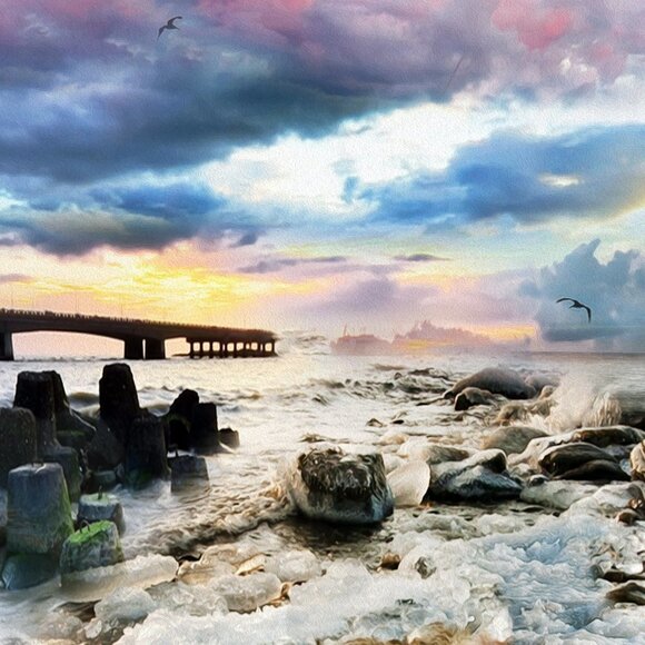 Bear Fishing Ocean Sky Landscape Fantasy Composite Oil Painting Wall Art Print - Picture 6 of 8